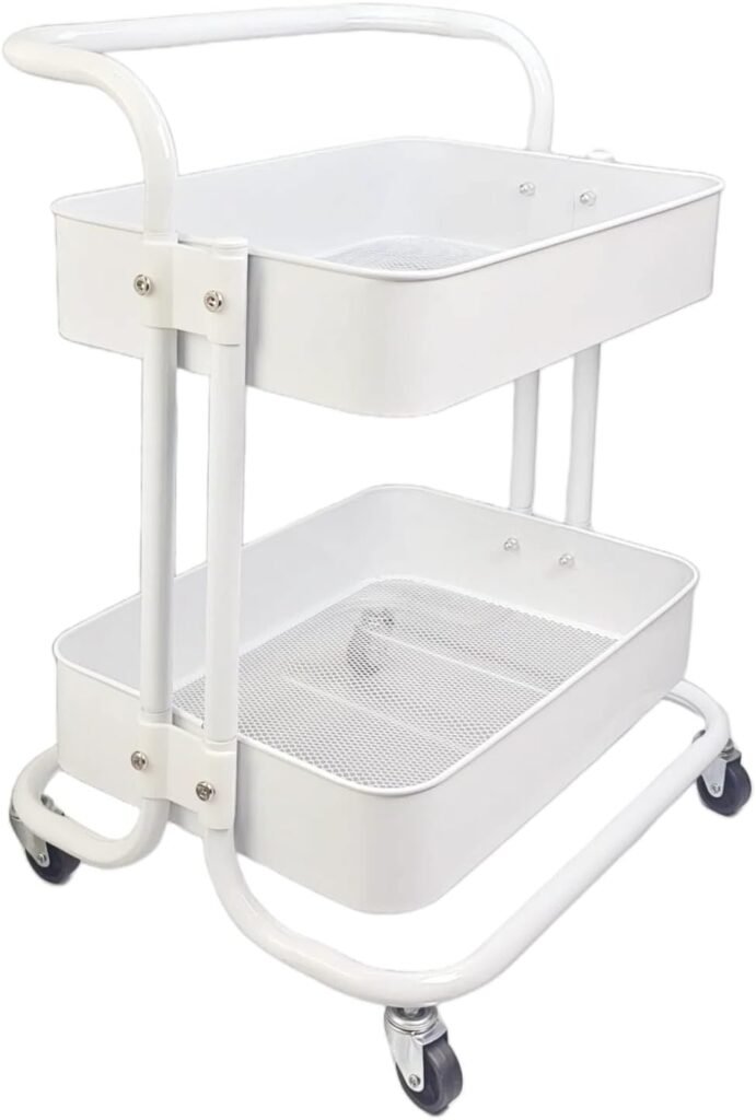 2 Tier Cart with Wheels Under Desk Storage with Handle, Metal Rolling Pantry Cart for Kitchen White Small Rolling Basket for Laundry Room Bathroom, Utility Shelf Organizer for Small Space