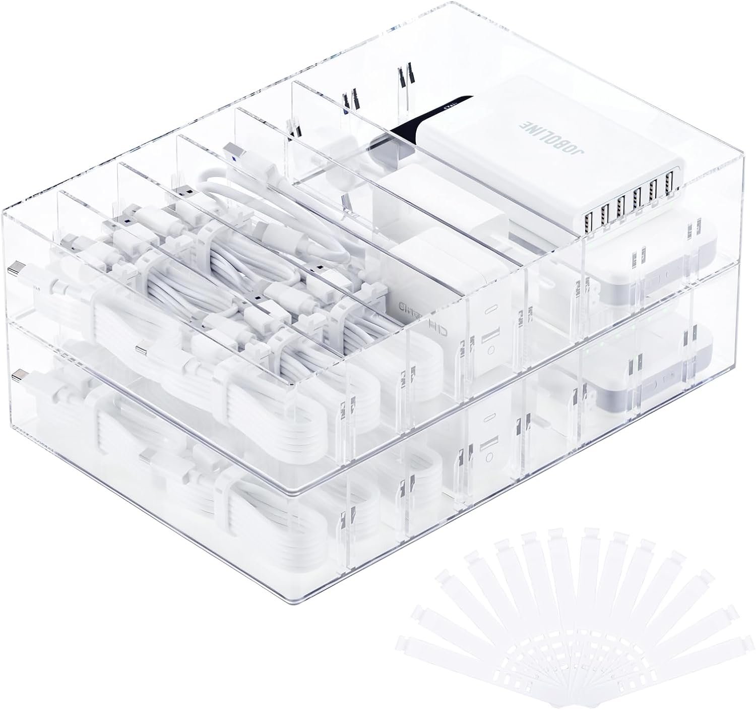 2Pcs Cable Charger Organizer Box, Large Cords Storage Organizer with Adjustable Compartments and Wire Ties, Stackable Cord Organizer for Drawer - Clear