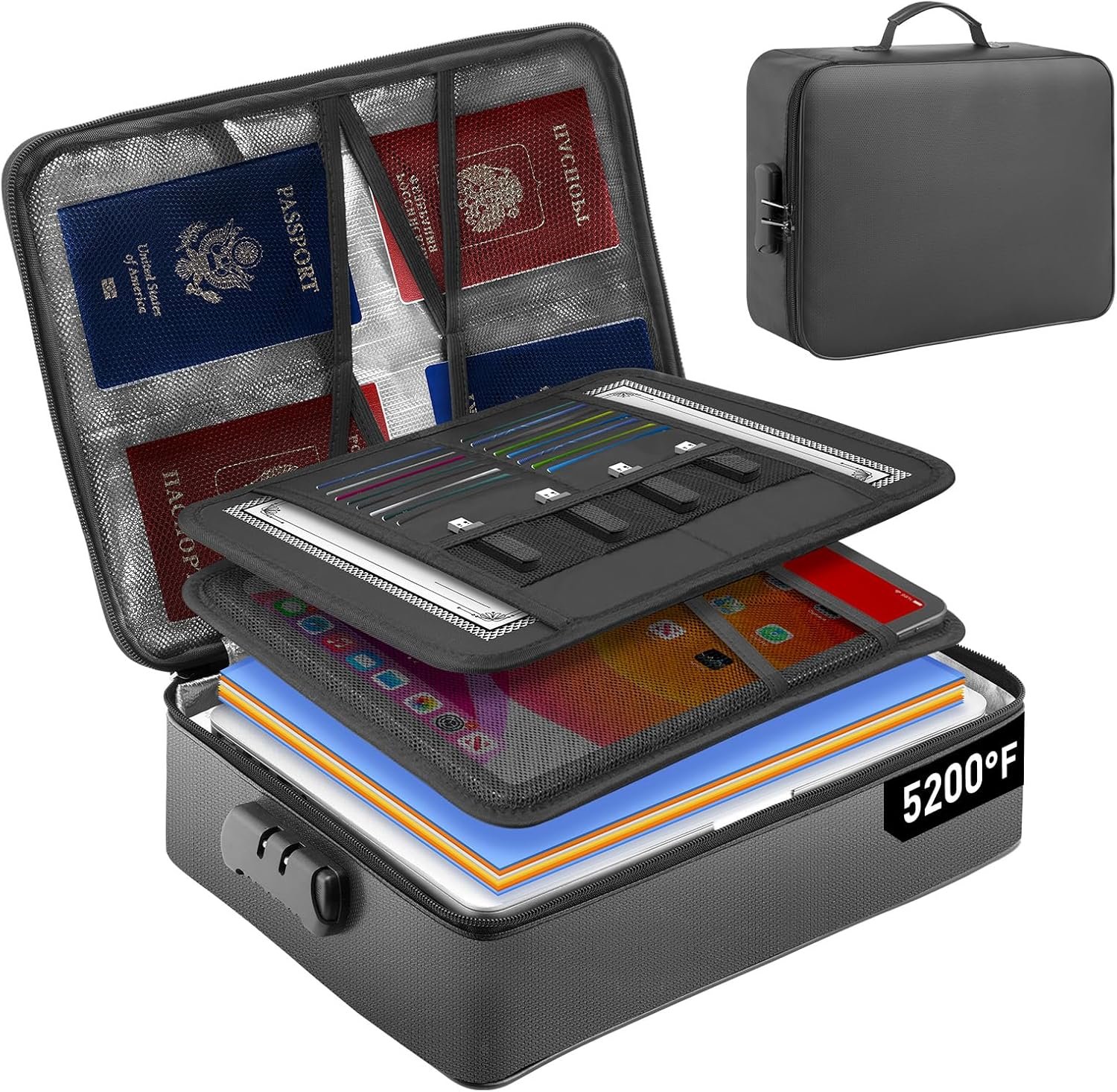 5200°F Fireproof Document Bag with Lock - Mondoshop Heat-Insulated Fireproof Document Box, Important Document Organizer, Portable Travel Fireproof Safe for Home Document, Passport, Laptop, Cards(Soft)