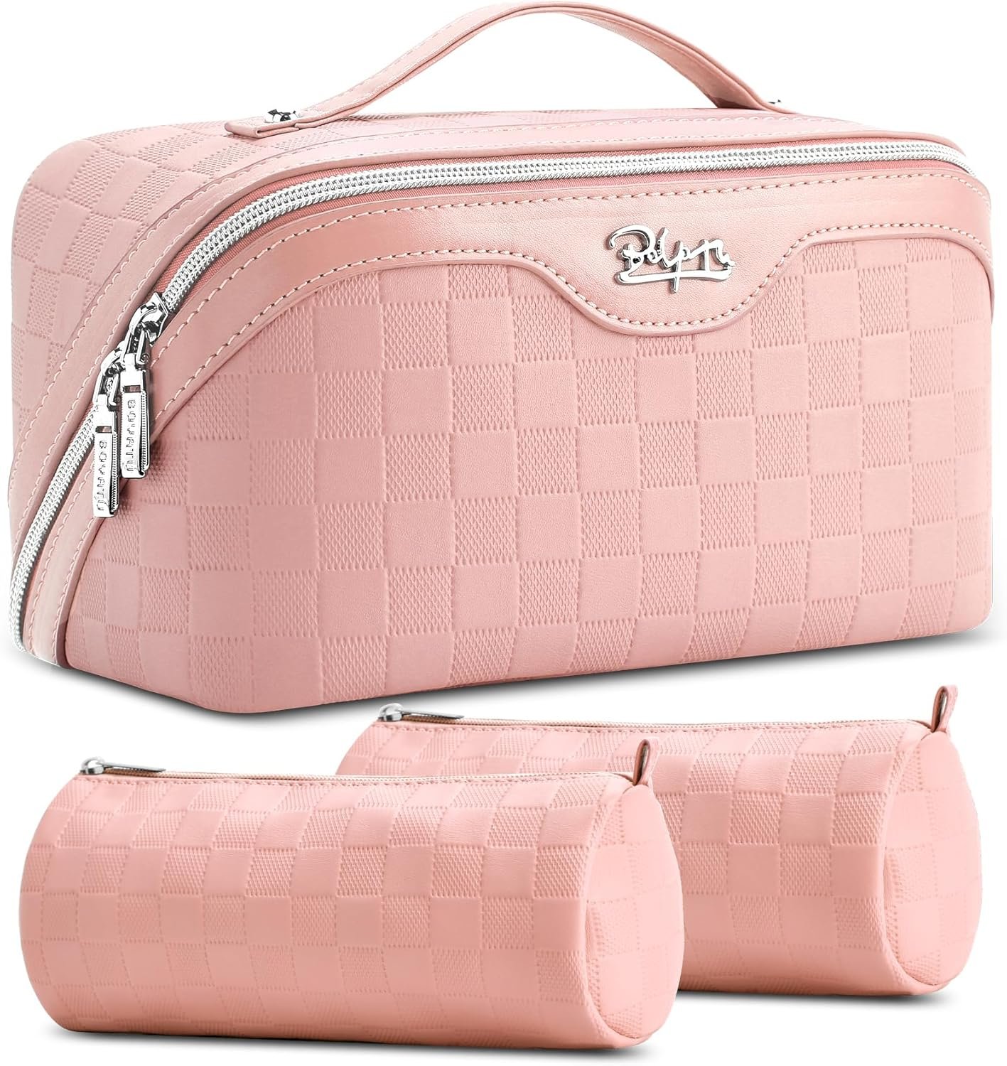 BOYATU Travel Makeup Bag Organizer Cosmetic Bag: 3 Pcs Set Make up Bags for Women with Handle - Waterproof Vegan Leather Toiletry Bags Travel Essentials Pouch with Compartments (01-D-Pink)