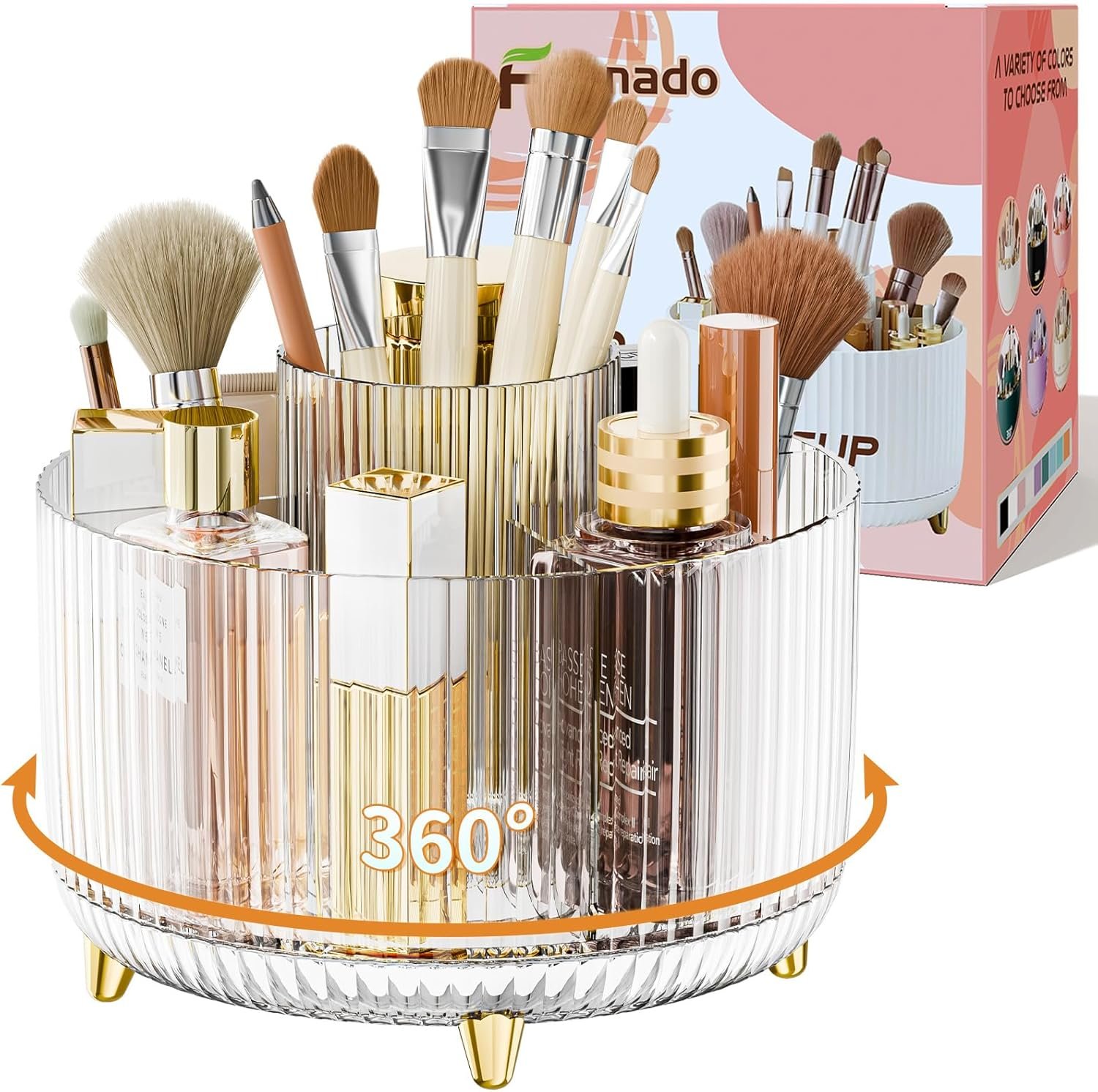 Clear Rotating Makeup Organizer Countertop for Vanity, 360° Makeup Brush Holder Organizer with 5 Compartments, Transparent Cosmetic Storage for Lipstick, Skincare, Bathroom Counter(Transparent)