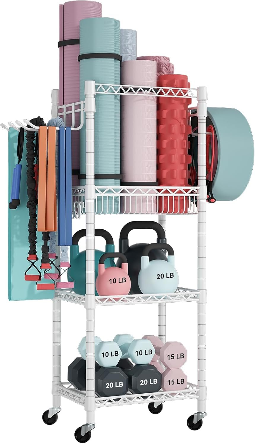 FUTASSI Home Gym Storage, 3 Tiers Workout Equipment Organizer with Wheels for Yoga Mats, Foam Roller, Dumbbells, Kettlebells, and Resistance Bands