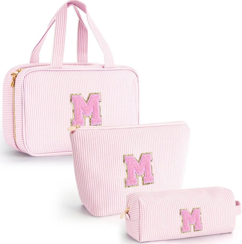 Gifts for Grandkids - Teen Girls Mom Gifts Initial Toiletry Makeup Bag Birthday Gift Travel Cosmetic Bags Travel Essentials - Pink M