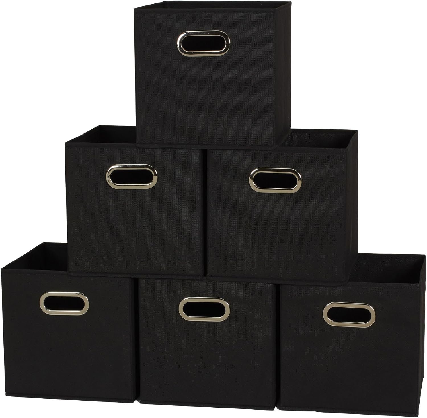 Household Essentials Foldable Fabric Storage Bins 6 Piece Set, Strong Poly-Woven Fabric, Sturdy Chipboard Sides, Grommet Front Handle, Stackable and Foldable, Classic Design, Black