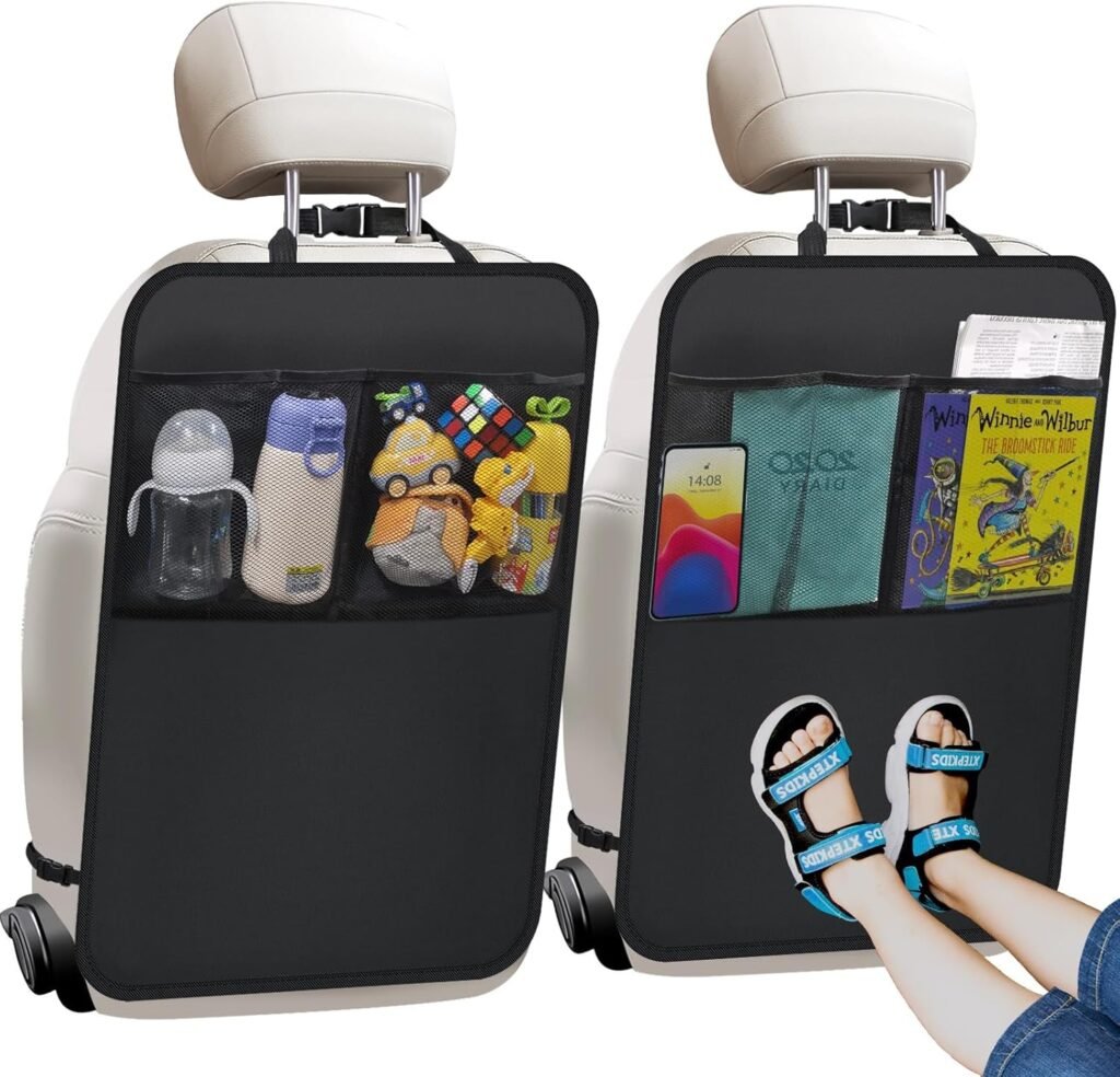 Kick Mats with Organizer - 2 Pack Backseat Protector Seat Covers for Your Car, SUV, Minivan or Truck Seats - Vehicle Back Seat Kids Safety Accessories - Universal Fit Automotive Interior Protectors