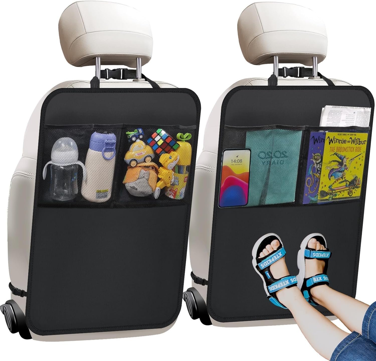 Kick Mats with Organizer - 2 Pack Backseat Protector Seat Covers for Your Car, SUV, Minivan or Truck Seats - Vehicle Back Seat Kids Safety Accessories - Universal Fit Automotive Interior Protectors