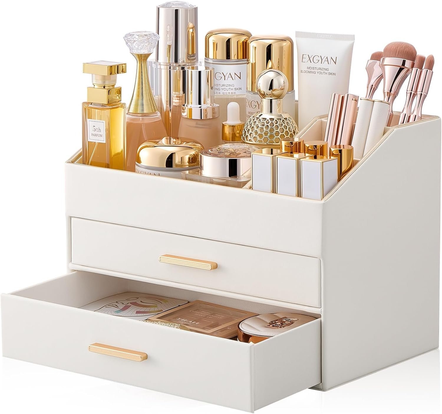 Lolalet Makeup Organizer for Vanity Desk, 3-Layer PU Leather Luxury Make Up Storage Cosmetics Holder Box with Drawers -Cream