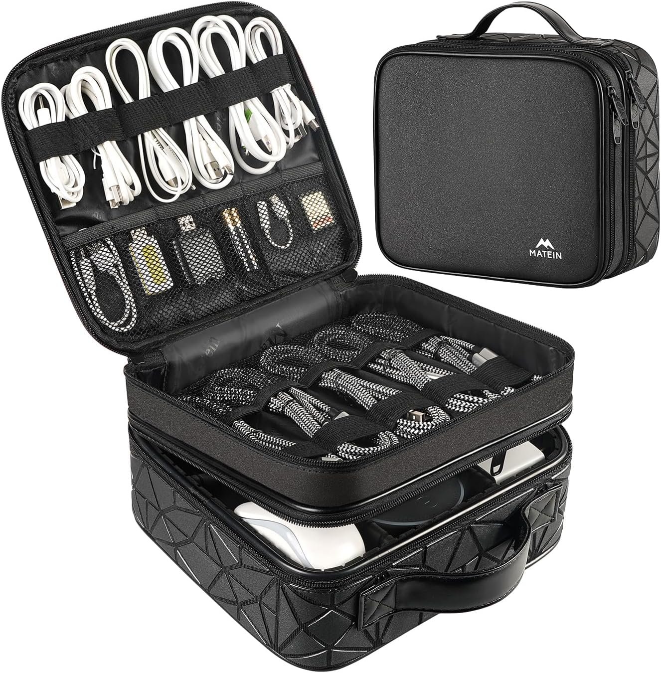 MATEIN Cable Organizer Bag, Waterproof Travel Electronic Storage, Shockproof Portable Double Layer Tech Bags Carrying Case for Cord, Earbuds, Charger, SD Card, DJ Gifts, Black