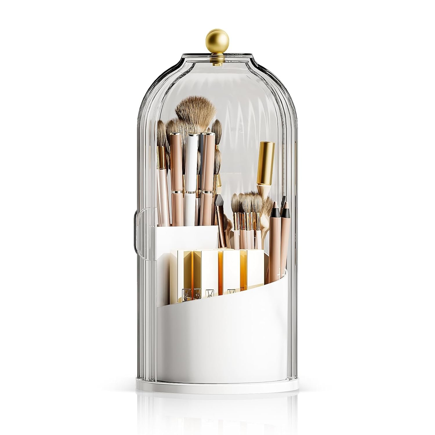 Makeup Brush Holder Organizer, 360 Rotating Makeup Brush Organizer Cosmetics Make up Brush Organizer for Vanity, Waterproof Dustproof Makup Brush Storage for Bathroom Countertop, White-Clear
