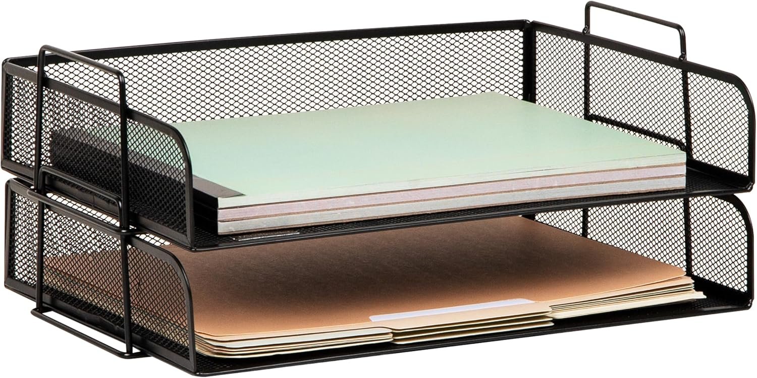 Mind Reader Stackable Paper Tray, Desktop Organizer, File Storage, Office, Metal Mesh, 2 Pcs., Black