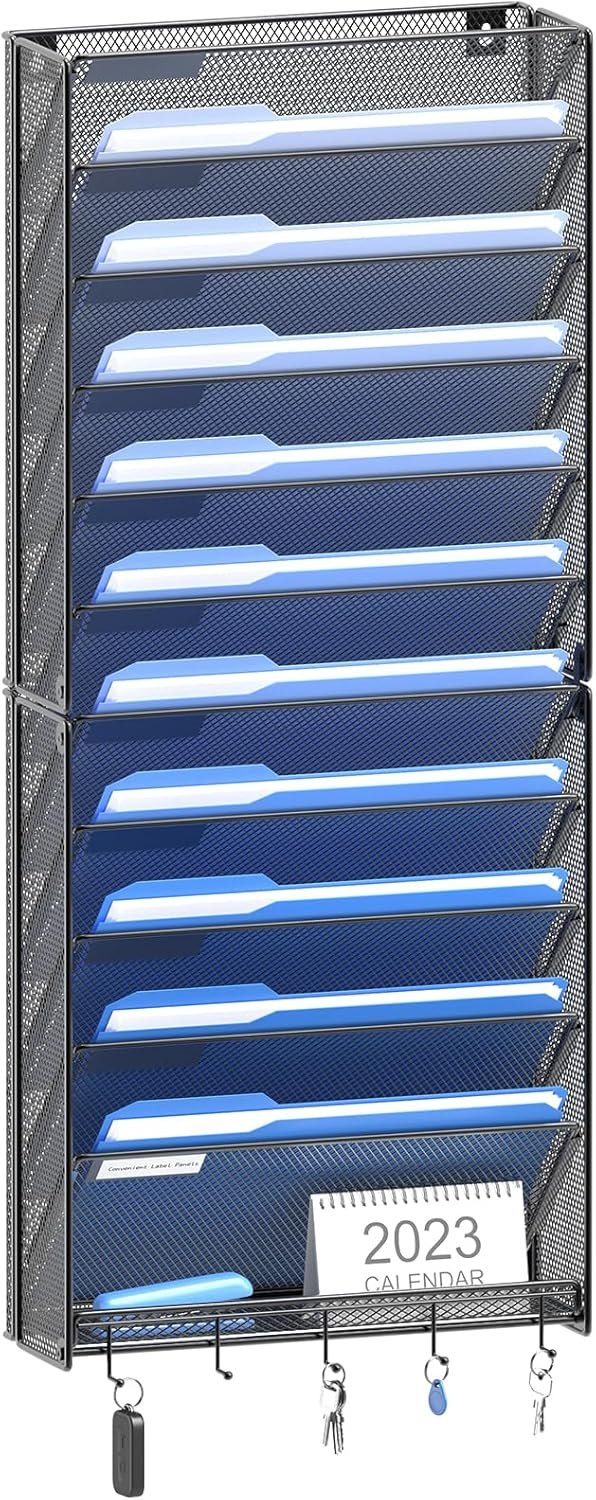 OUTWOLF Hanging Wall File Organizer with Hooks, 12 Tier Vertical Wall Mount File Holder, File Folder Wall Organizer for Office