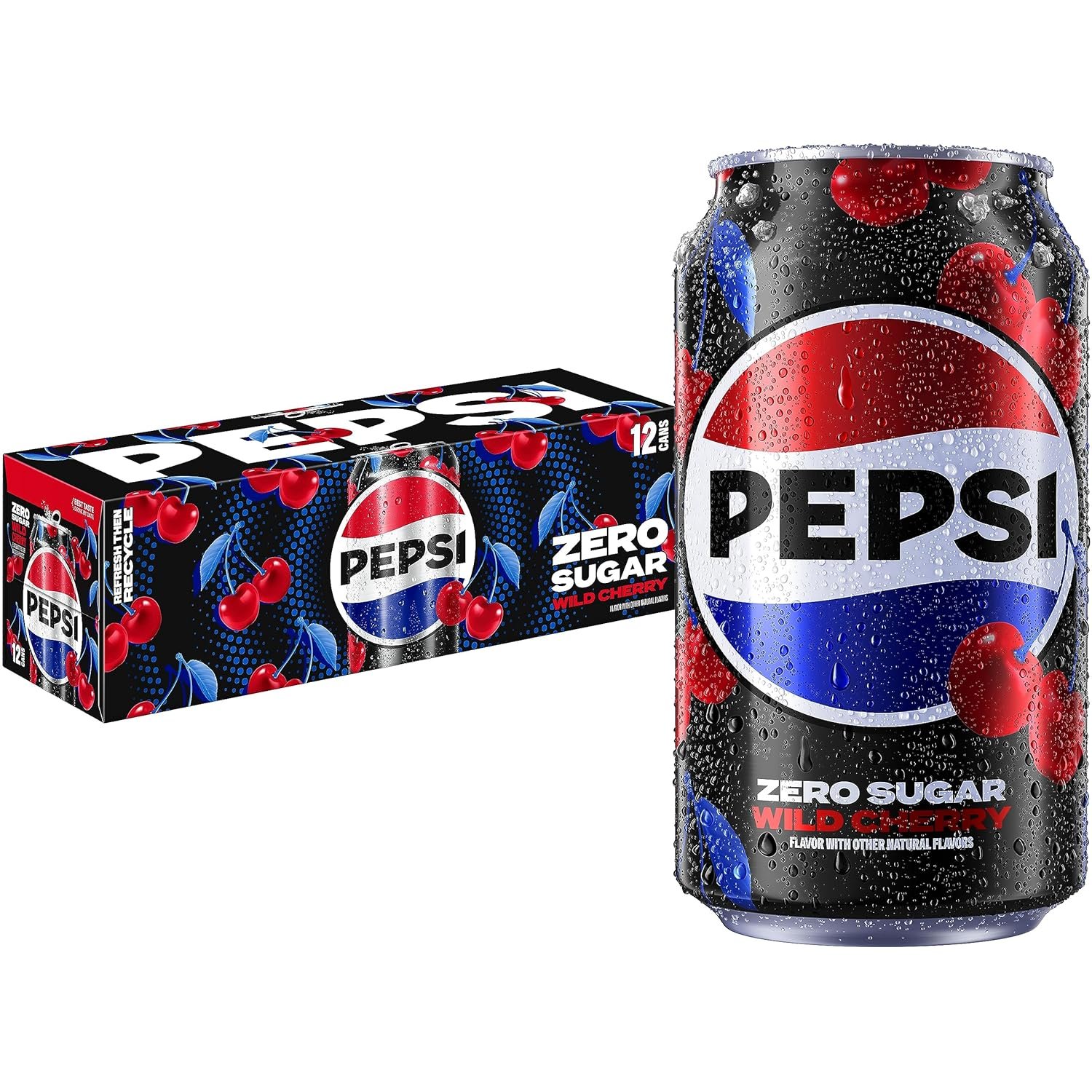 Pepsi Zero Sugar Cola Soda, Wild Cherry, 12 Fl Oz Cans (Pack of 12)