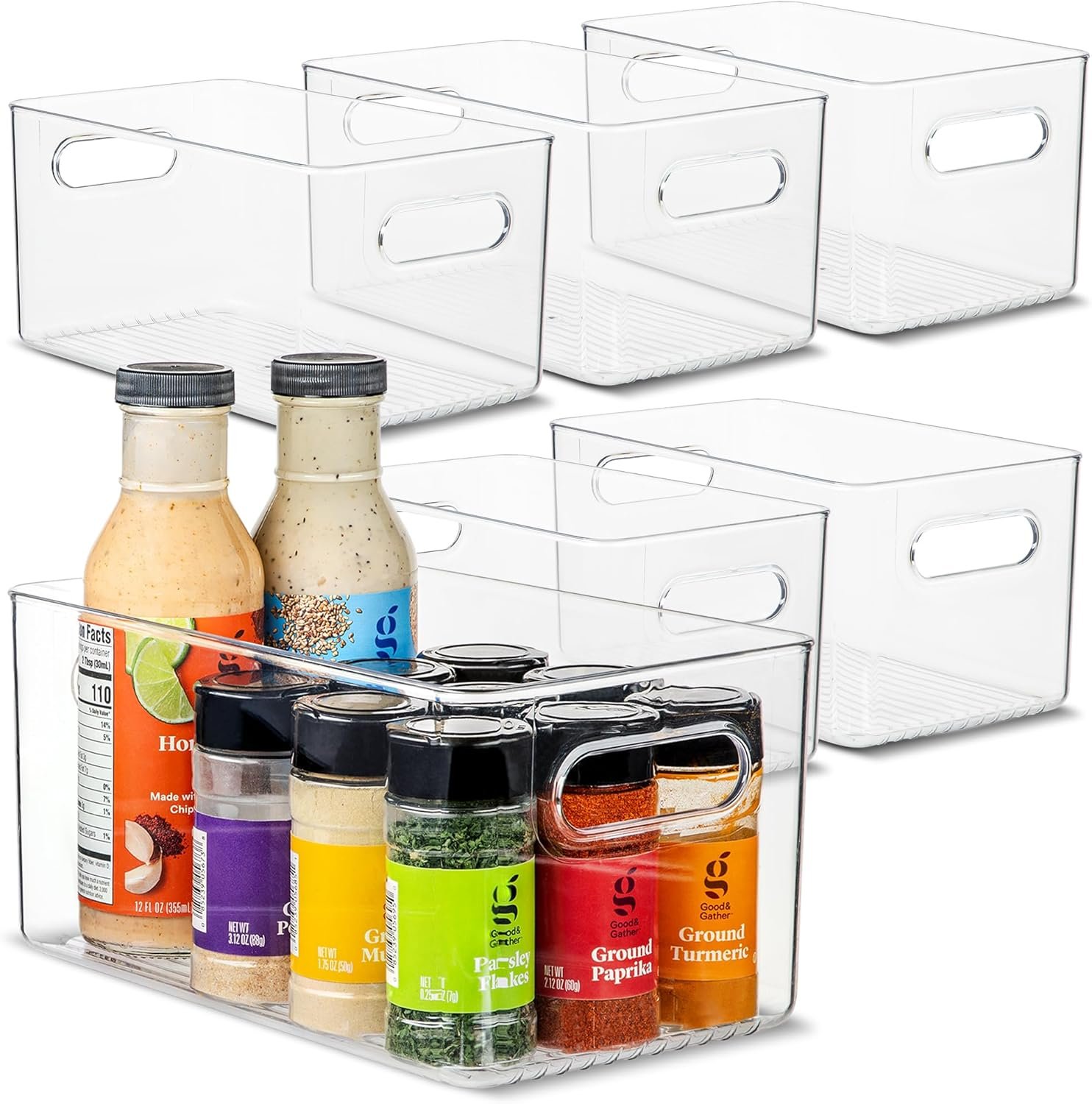 Plastic Food Storage 6 Pack Clear Container Bin with Handles for Organizing Kitchen, Pantry, Fridge, Freezer, Pantry,Bathroom. 10"x6"x5"