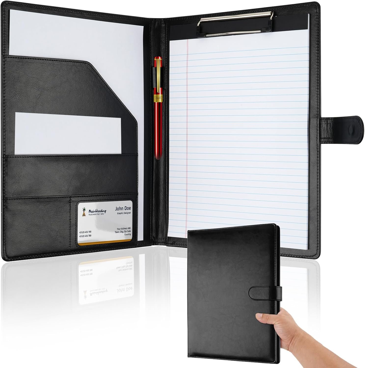 Professional Padfolio with Clipboard, Faux Leather Portfolio Folder Binder, Legal Pad Holder for A4 Letter Size Notepad, Resume, Writing Pad, Ideal Organizer for Business Office Conference, Black