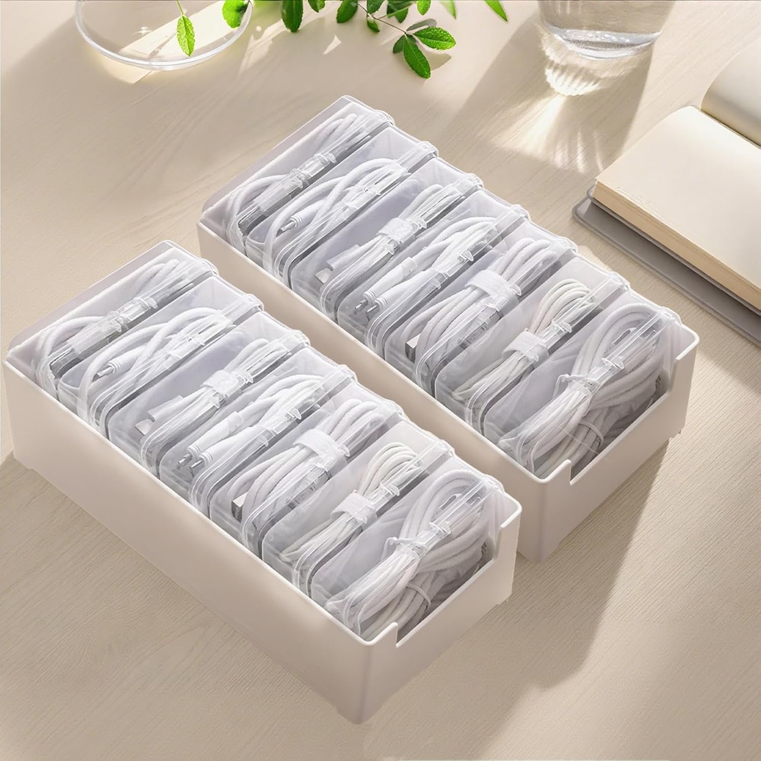 RayHenry 2 PCS Cable Organizer Box with 7 Clear Switch Case, Desktop Charger Cord Storage Organizer Box for Home Office Desk Accessories Wire Organization Stationery Supplies (white)