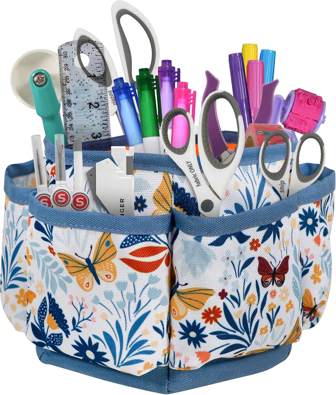 SINGER 360 Degree Rotating Organizer for Tabletop, Counter, Storage, Sewing Supplies, Art Supplies with Compartments, Butterfly Floral Print