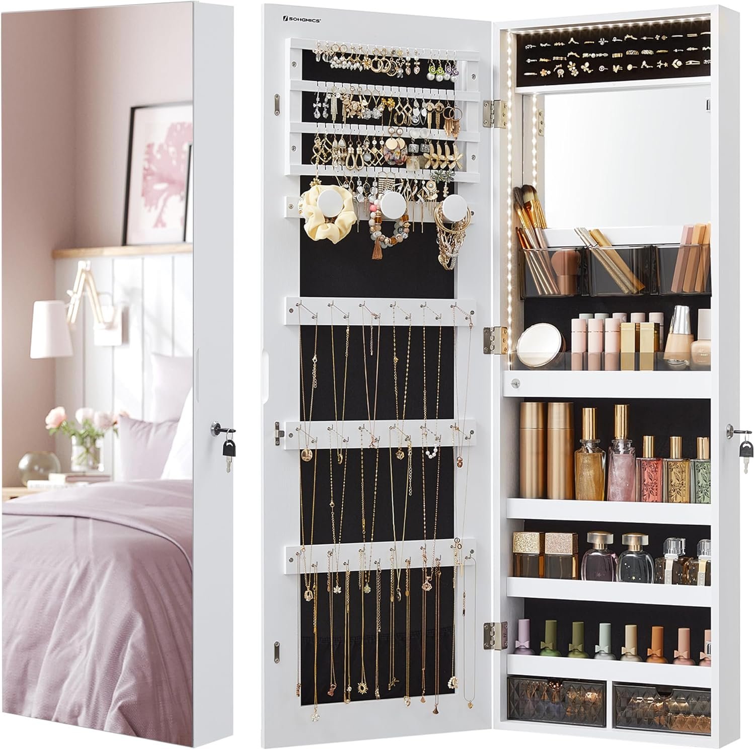 SONGMICS Mirror Jewelry Cabinet Armoire Organizer, Wall or Door Mount Storage Cabinet with Full-Length Frameless Lighted Mirror, Built-in Makeup Mirror, 2 Drawers, Lockable, White UJJC013W01