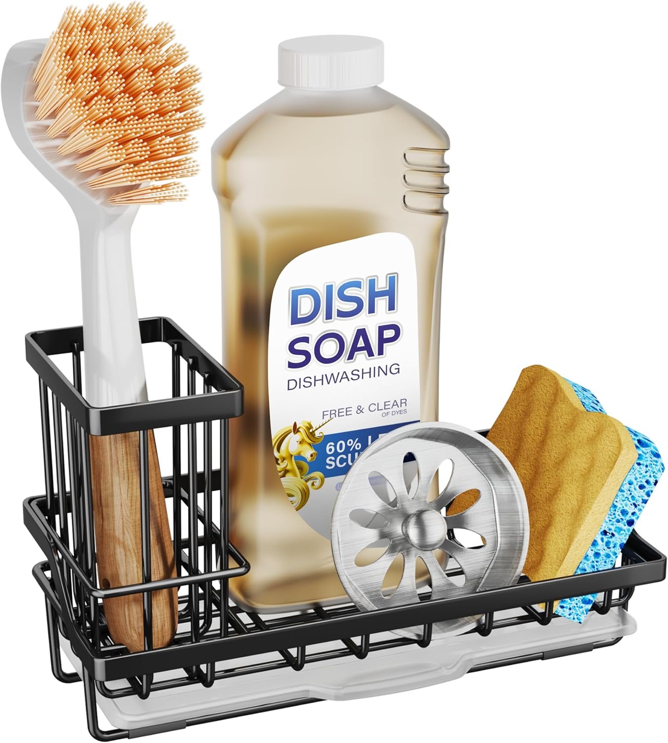 SWTYMIKI Sink Caddy Sponge Holder - Kitchen Sink Organizer with High Brush Holder for Countertop to Hold Dish Soaps and Sponges, Stainless Steel, Black