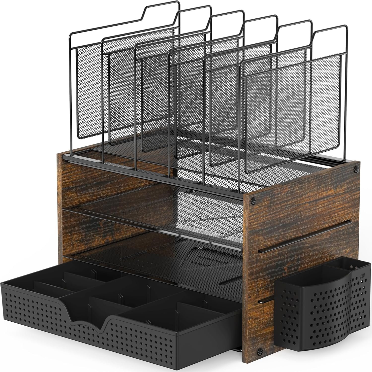 Simple Houseware Mesh Desk Organizer with Wooden Side Board and Metal Bars, 3 Shelves and 5 Upright Sections, Rustic Brown