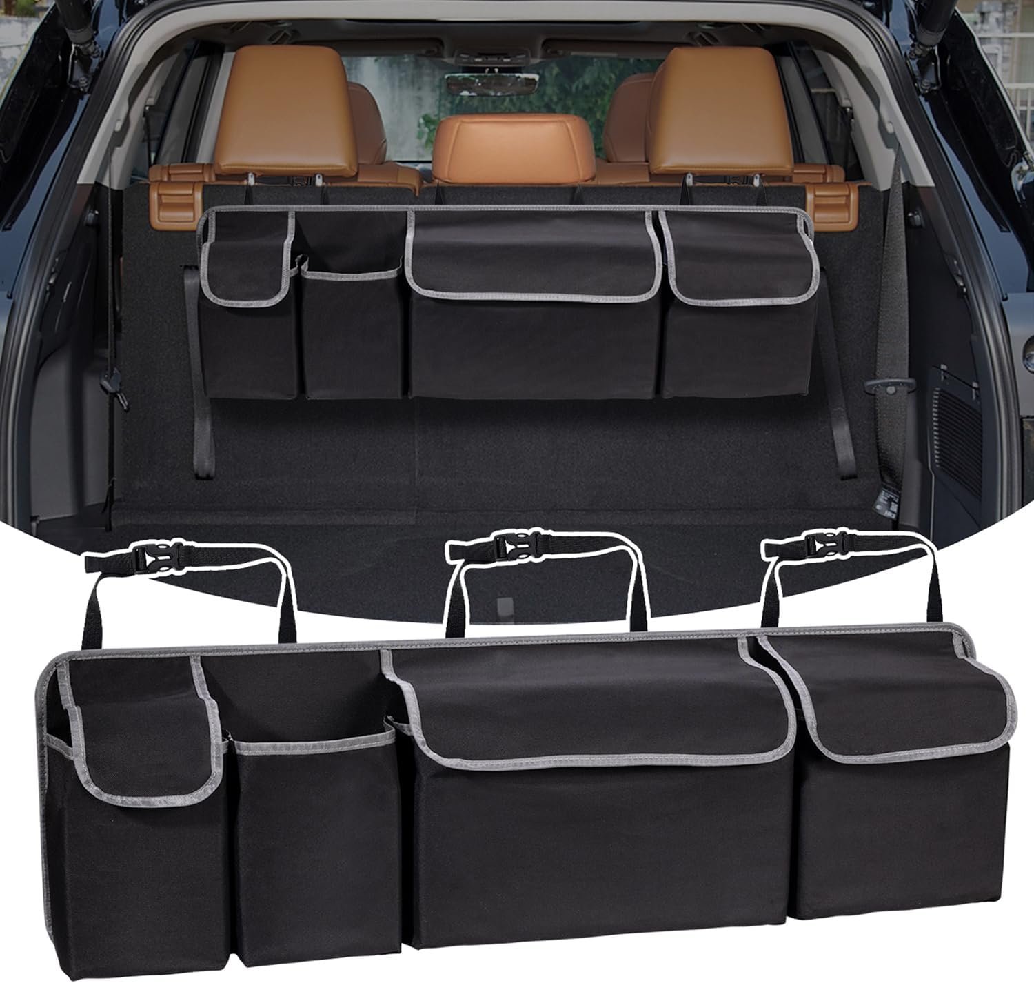 Trunk Organizer - Car Organizer, Car Trunk Organizer, Large Capacity Backseat Trunk Organizers, Collapsible Car Storage Bag with 4 Pockets, Backseat Hanging Organizer for SUV/MPV/Truck (40.16"*10.63")