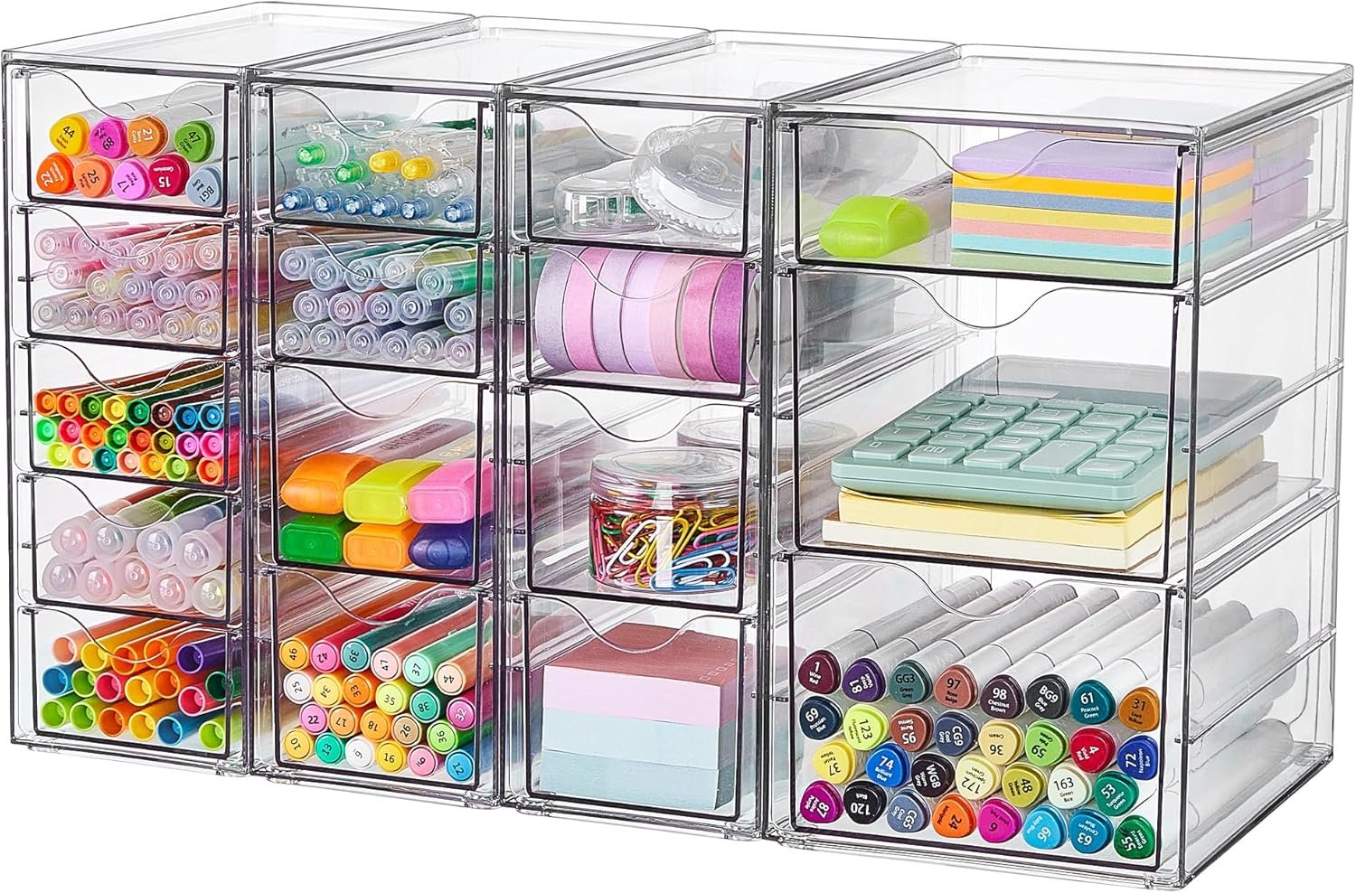 Vtopmart 4 Set Clear Desk Organizer, Pen Organizer with 16 Drawers, Acrylic Desktop Organization and Storage for Office Supplies, Pen, Makeup, Art Craft, Jewelry