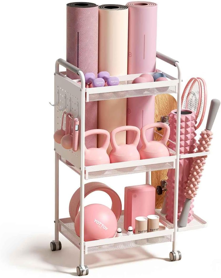 YOTTOY 3-Tier Gym Storage Rack for Home Gym–Multi-Functional Weight Rack, Dumbbell Rack, Yoga Mat Holder with Side Basket & 6 Hooks, Gym Equipment Organizer