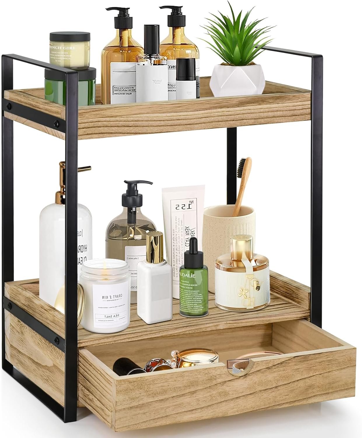 2-Tier Bathroom Organizer Countertop with Drawer, Wood Counter Shelf for Storage, Vanity Tray for Organization and Decor, Countertop Organizer for Bathroom, Kitchen, Office (Brown)