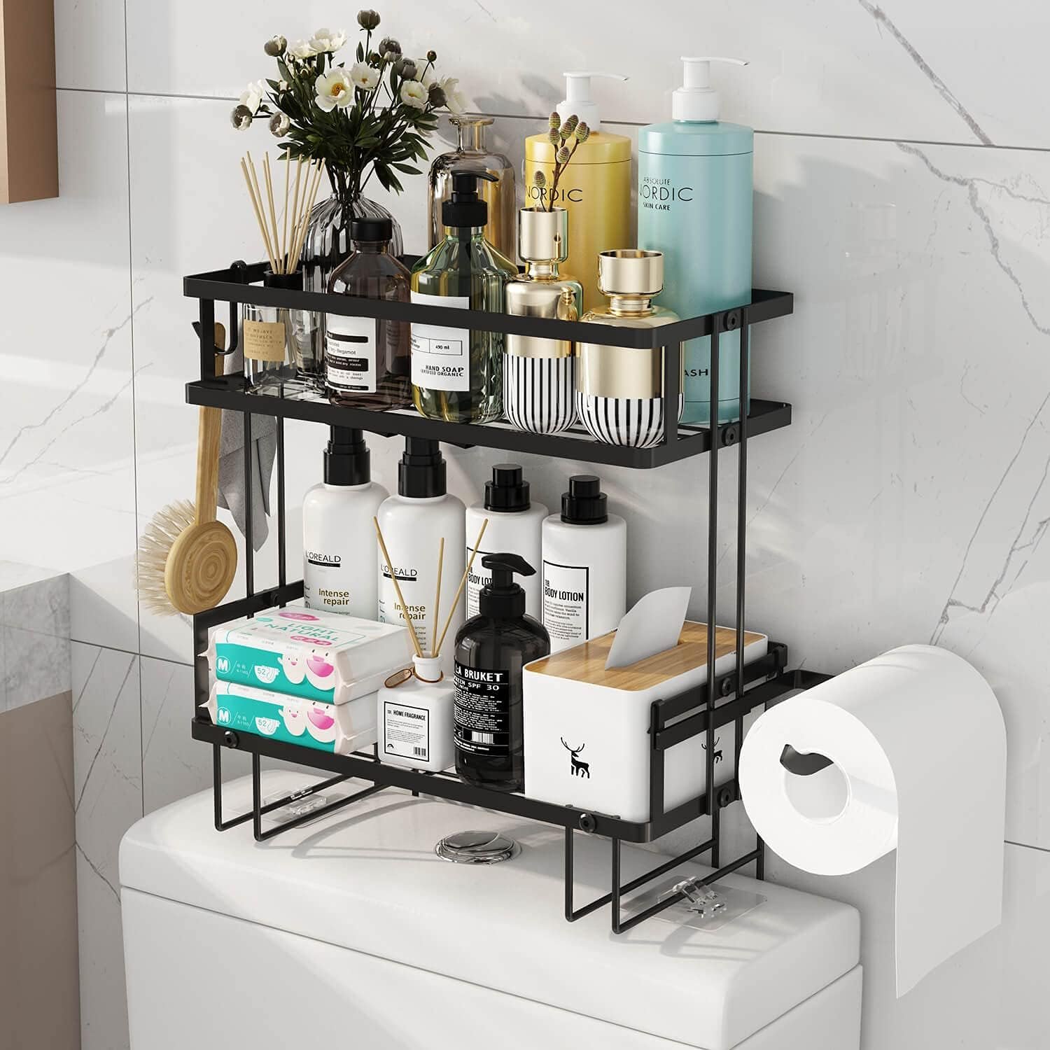 Godboat Bathroom Organizers, 2-Tier Over Toilet Storage, Floating Shelves with 2 Hooks & Paper Holder, Wall Mounted Shelf Furniture, Cool Accessories & Decor, Gifts for Women, Mothers Day (Black)