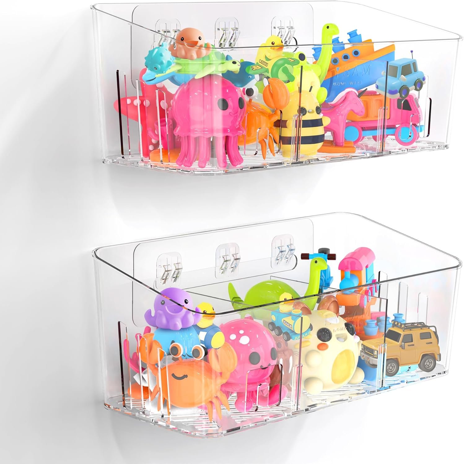 Lysam Bath Toy Storage 2 Packs, Large Bath Toy Holder with 3 Compartment, Quick Dry Bathtub Toy Organizer, Bath Tub Toy Net, Shower Toy Basket & Bin, Bathroom Accessories for Baby,Toddler,Kids(Clear)