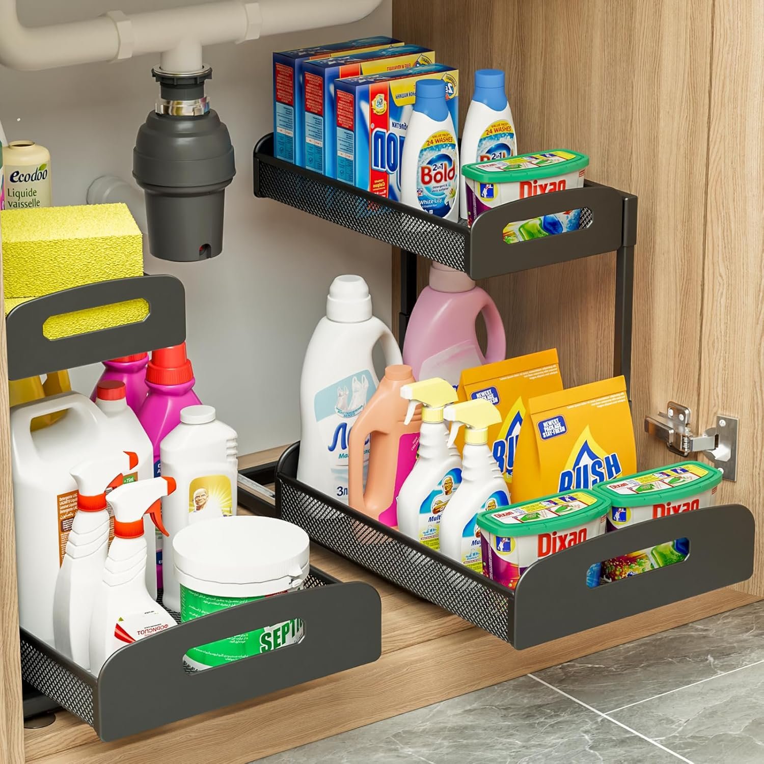 YASONIC Under Sink Organizer, Metal 2 Pack Height Adjustable Under Kitchen Sink Organizer with Pull Out Drawer, 15.9 Inches Cabinet Organizers and Storage for Kitchen & Bathroom Black