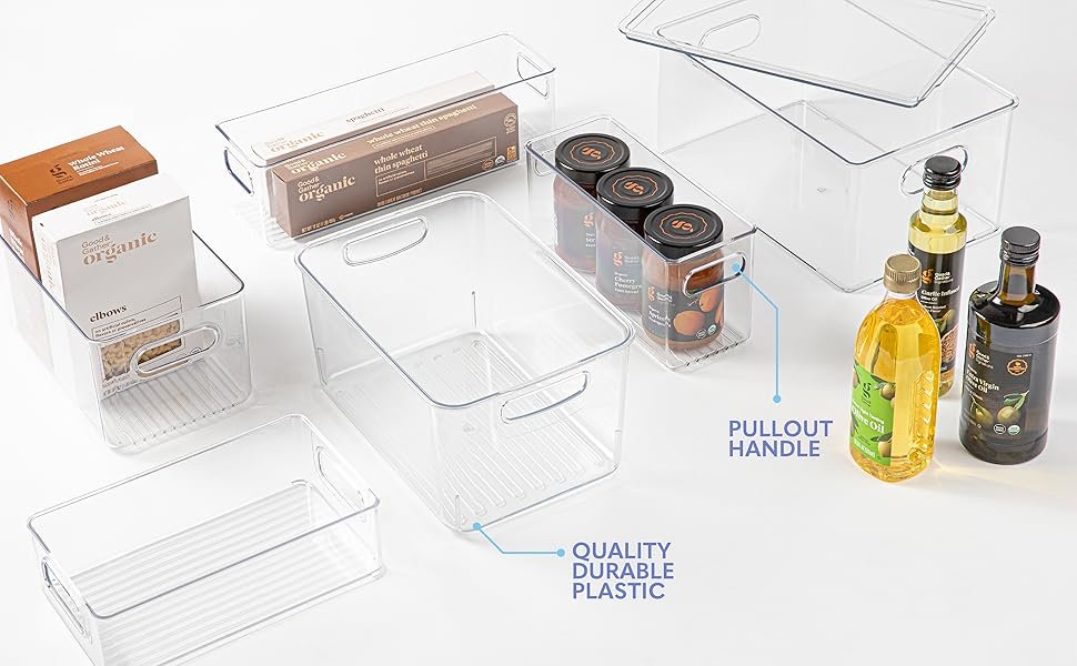 clear plastic storage bins with handles holding olive oil and jars