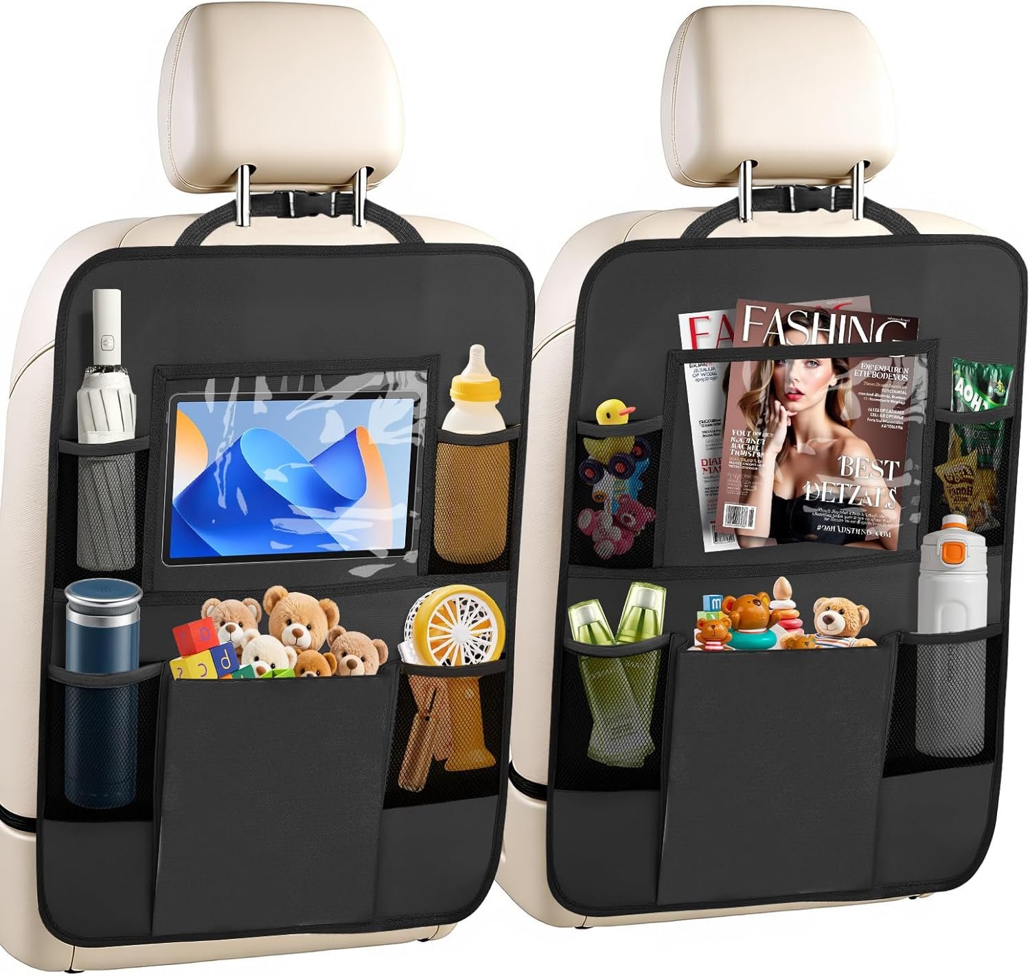 2 Pack Car Backseat Organizer with Touch Screen Tablet Holder,6 Storage Pockets Protectors Kick Mats,Car Back Seat Cover Protector Travel Accessories for Kids