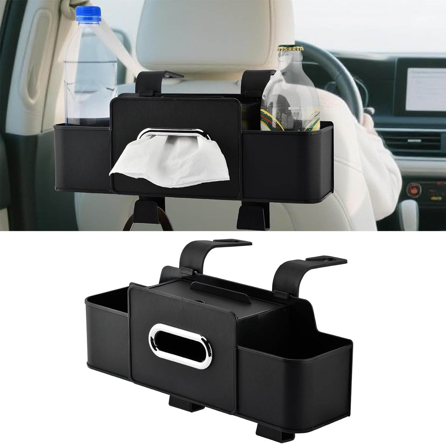 Back Seat Car Organizer, Multifunctional Car Seat Back Storage Box with Hook Tissue Box Cup Holder can Hold Phone Drinks Handbag fits Most Vehicles(COLOR:Black)