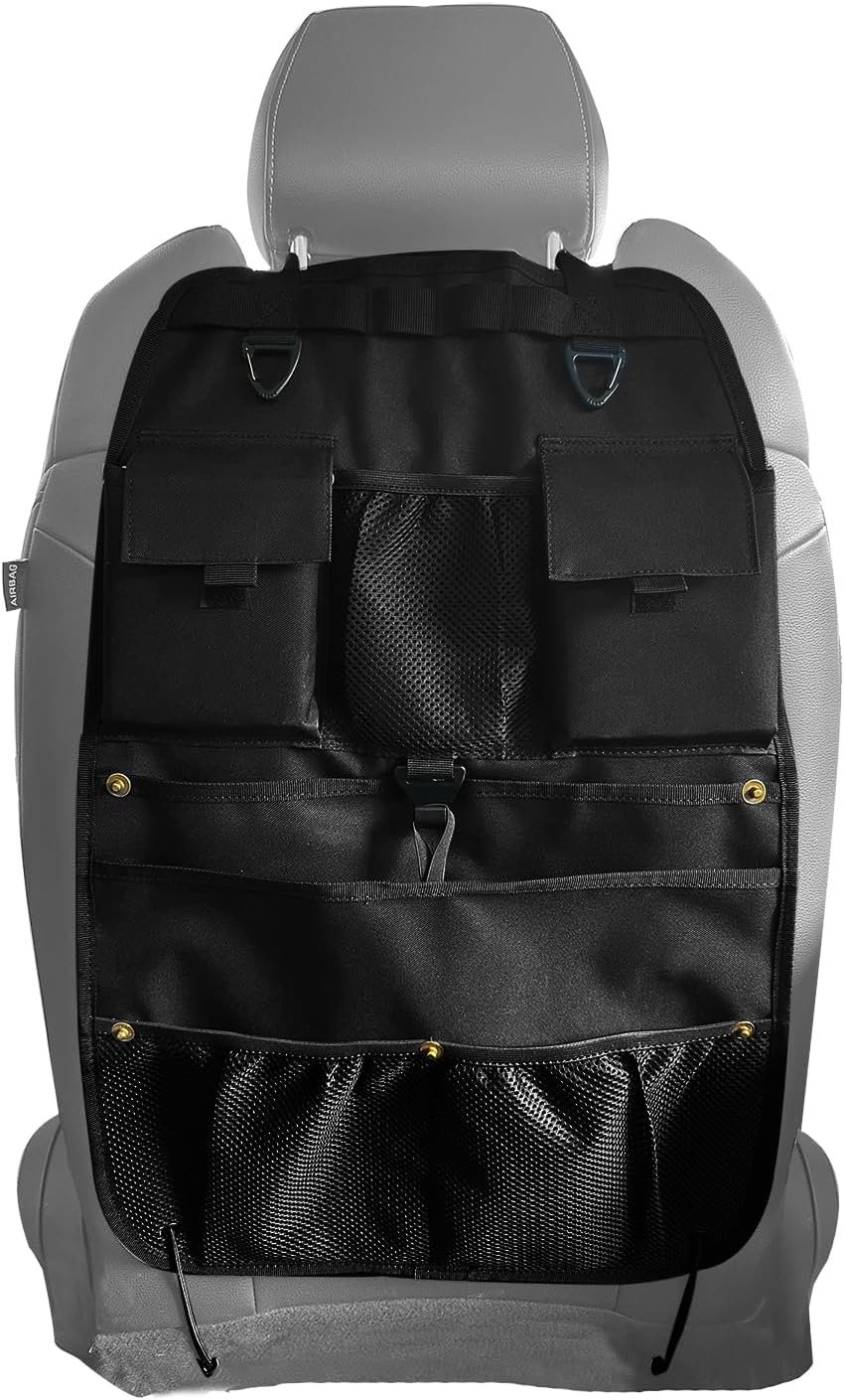 Car Seat Back Organizer with Multiple Storage Pockets, Black Mesh and Fabric, Universal Fit